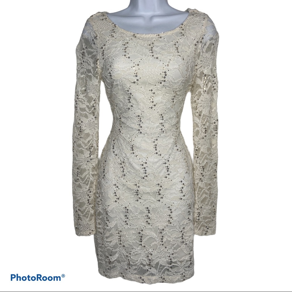 NEW Ivory Stretch Lace/Gold Sequin Dress